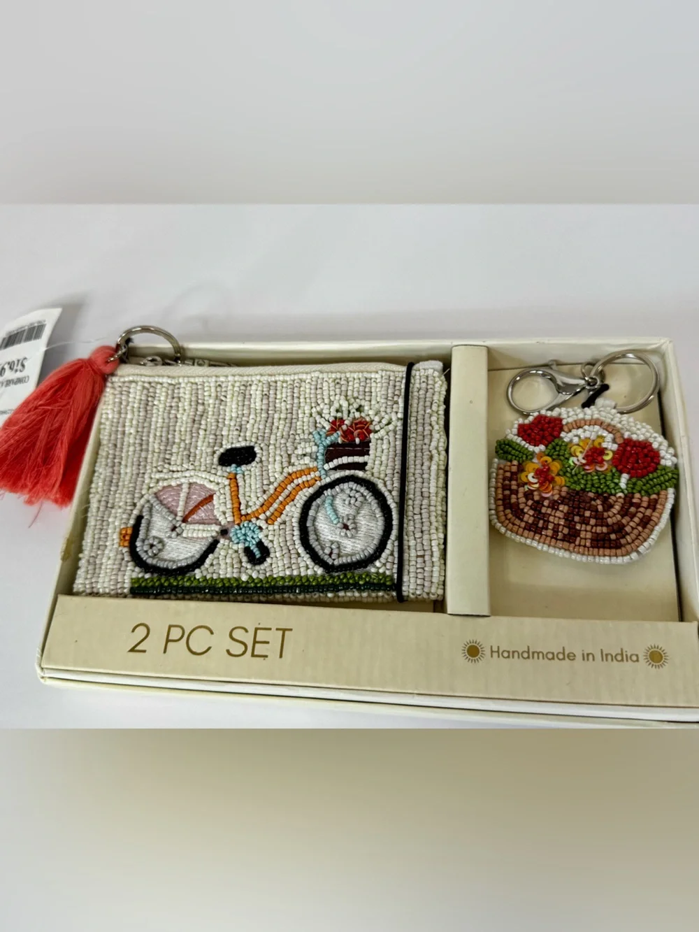 Beaded Bicycle Coin Purse and Floral Keychain Set - Coral Tassel